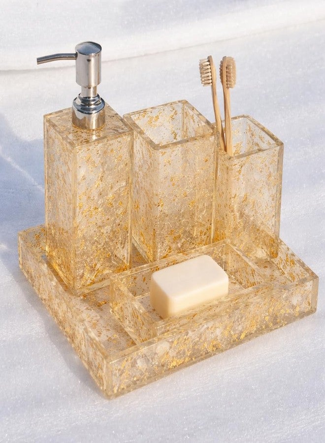 Green Decor Delux Resin Bathroom Accessories Set of 4 | Modern Bath Set with Tray, Liquid Soap Dispenser, Tooth Brush Holder & Soap Tray Luxury Gift Accessory Set with Stone Texture | Gold - Image 1